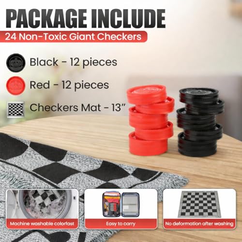 Bolaball 3in1 Jumbo Checkers Tic Tac Toe Game Set with Carry Bag Giant Outdoor Board Games for Kids Adults Family Games Reversible 13 x 13 Board 24 EasyGrip Chips - Image 5