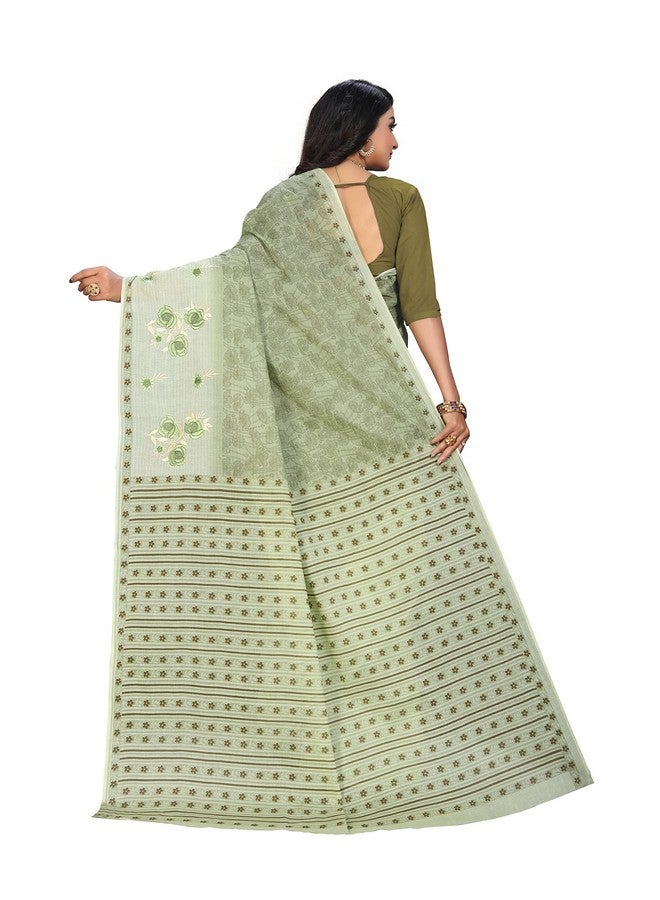 RATAN Pure Cotton Print + Embroidery Mul Mul Saree for Women (PSTAR-9002_Green) - Image 2