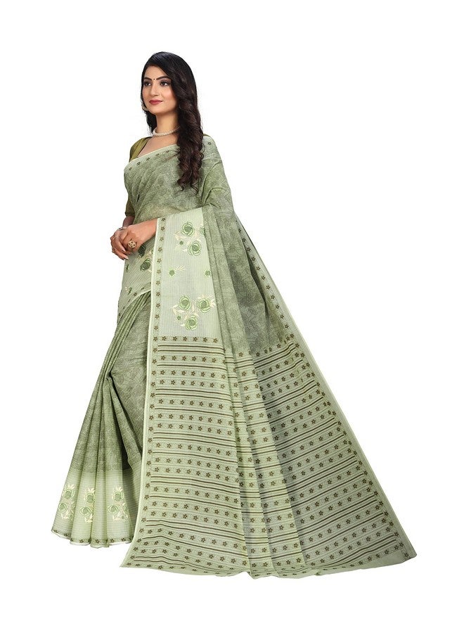 RATAN Pure Cotton Print + Embroidery Mul Mul Saree for Women (PSTAR-9002_Green) - Image 1