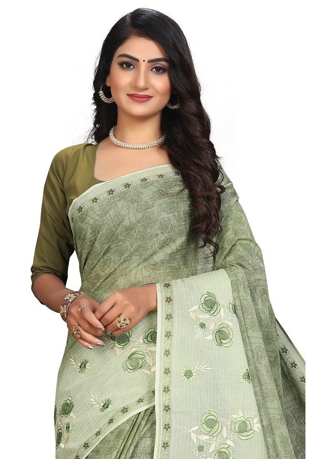RATAN Pure Cotton Print + Embroidery Mul Mul Saree for Women (PSTAR-9002_Green) - Image 5