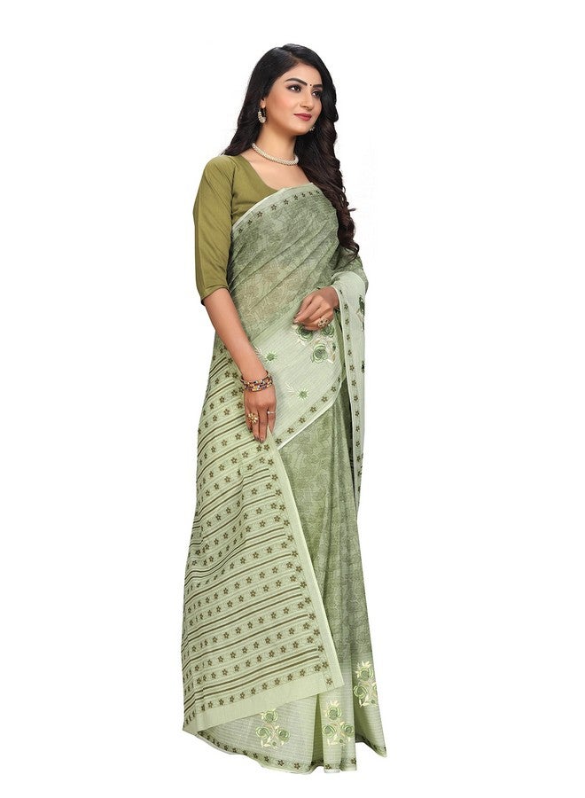 RATAN Pure Cotton Print + Embroidery Mul Mul Saree for Women (PSTAR-9002_Green) - Image 4