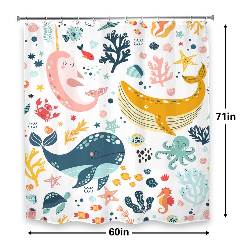 LGhtyro Kids Whale Shower Curtain Bathroom Set 60Wx71H Inches Funny Nursery Cute Fish Ocean Cartoon Sealife Under Sea Coral Starfish Bath Accessories for Boys Girls Home Decor Fabric 12 Pack Hooks - Image 5