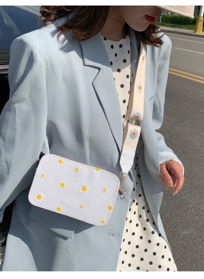 WAOKN Women's Fashion Daisy Pattern Crossbody Bag, Classic Elegant Wide Strap Shoulder Bag Handbag for Women, College Commuter Printed PU Small Square Bag Tote Bag Messenger Bag (White) - Image 2