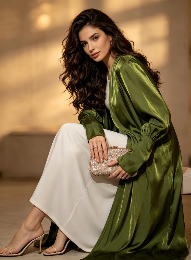 Take Two Green Plain Bishop Sleeves Abaya - Image 1