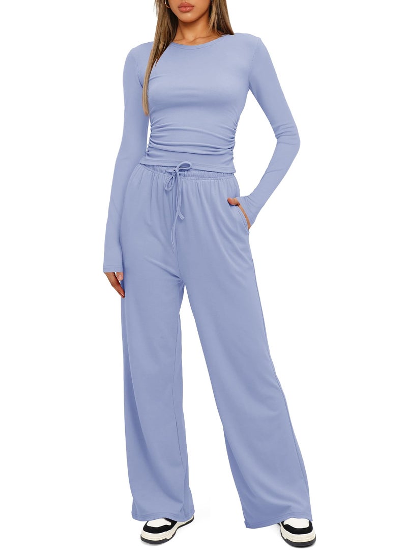 Darong Women's 2 Piece Matching Lounge Set Long Sleeve Slightly Crop Top Wide Leg Pants Casual Tracksuits 9065A Sea Blue L - Image 4