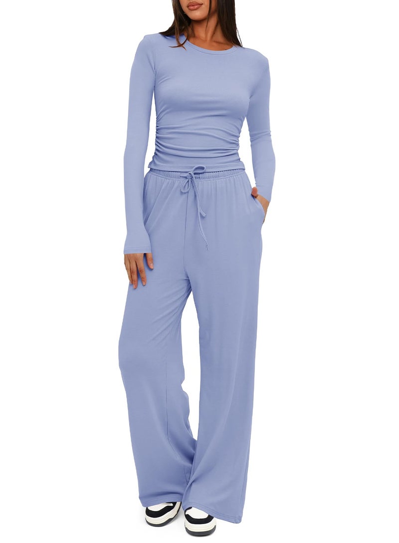 Darong Women's 2 Piece Matching Lounge Set Long Sleeve Slightly Crop Top Wide Leg Pants Casual Tracksuits 9065A Sea Blue L - Image 1