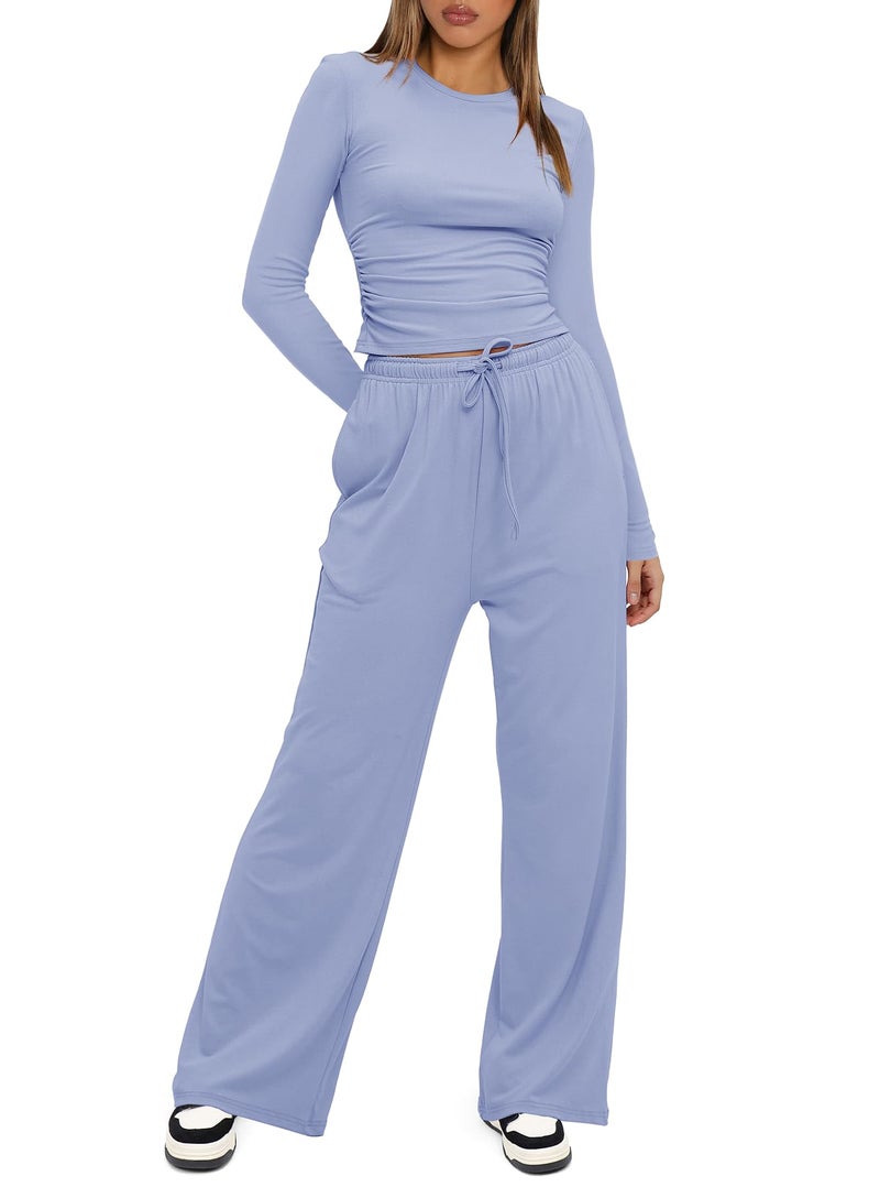 Darong Women's 2 Piece Matching Lounge Set Long Sleeve Slightly Crop Top Wide Leg Pants Casual Tracksuits 9065A Sea Blue L - Image 3