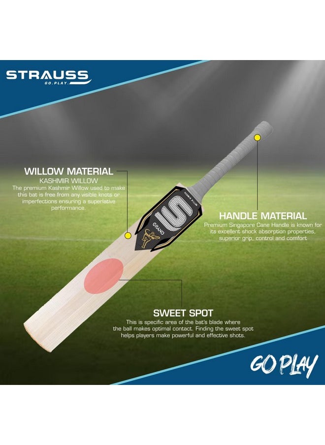 شتراوس مضرب الكريكيت STRAUSS Grand Kashmir Willow | المقاس: مقبض قصير (SH) | مناسب للكرة الجلدية/كرة التنس | الفئة العمرية 13 سنة فما فوق | للشباب/البالغين | غطاء مقاوم للخدش وغطاء مضرب | رمادي | (1050-1200 جرام)  - Image 5