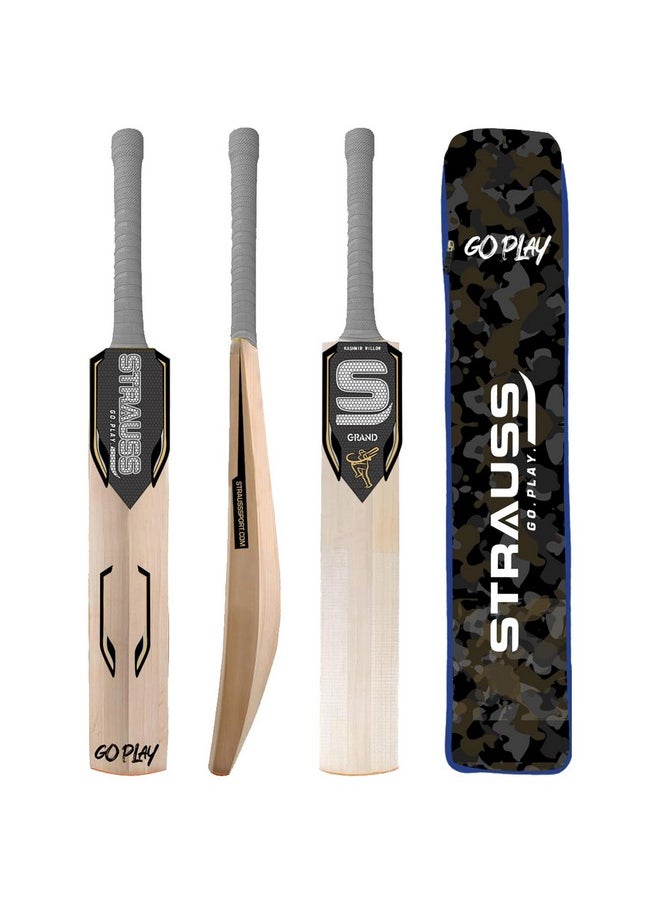 شتراوس مضرب الكريكيت STRAUSS Grand Kashmir Willow | المقاس: مقبض قصير (SH) | مناسب للكرة الجلدية/كرة التنس | الفئة العمرية 13 سنة فما فوق | للشباب/البالغين | غطاء مقاوم للخدش وغطاء مضرب | رمادي | (1050-1200 جرام)  - Image 2