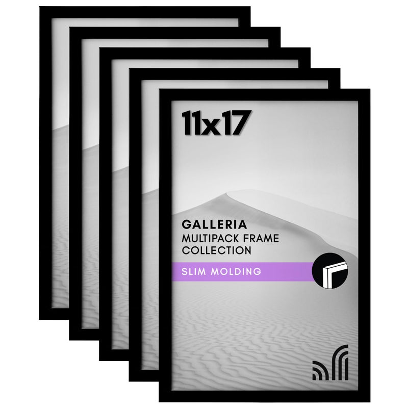 Americanflat 11x17 Picture Frame with Polished Plexiglass Set of 5 Galleria Collection Picture Frames for Wall Display Black