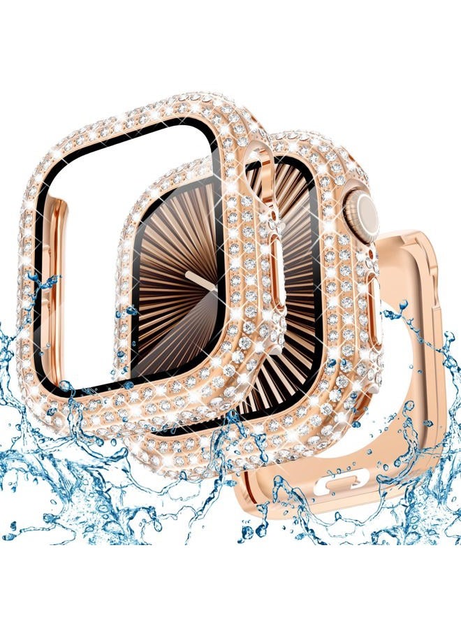 WINGLE 2-in-1 Waterproof Bling Case for Apple Watch Series 10 46 mm Screen Protector Case, Diamond Protective Face Cover Apple Watch 10 46 mm Crystal Rhinestone Bumper iWatch Accessories, Rose Gold - Image 1