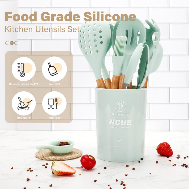 مجموعة أدوات المطبخ Ncue 26 قطعة من أدوات المطبخ المصنوعة من السيليكون غير لاصقة خالية من BPA مع حامل مقبض خشبي مقاوم للحرارة من السيليكون وملعقة ملعقة وأدوات المطبخ (أخضر فاتح) - Image 2