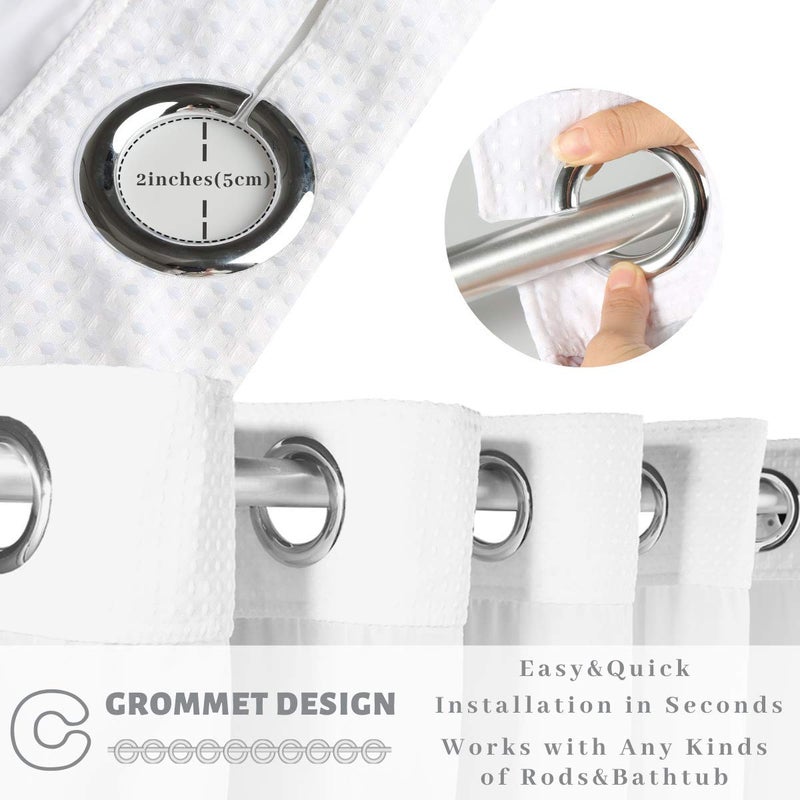 Ecoehoe Hotel Grade Waffle Weave Fabric Hook Free Shower Curtain with Magnets Snap-in Liner - Heavy Duty Bath Curtain with See Through Top Machine Washable 71" W * 79â€œ L White - Image 2