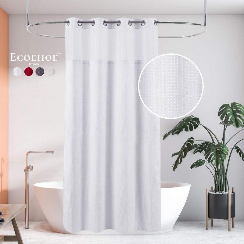 Ecoehoe Hotel Grade Waffle Weave Fabric Hook Free Shower Curtain with Magnets Snap-in Liner - Heavy Duty Bath Curtain with See Through Top Machine Washable 71" W * 79â€œ L White - Image 1