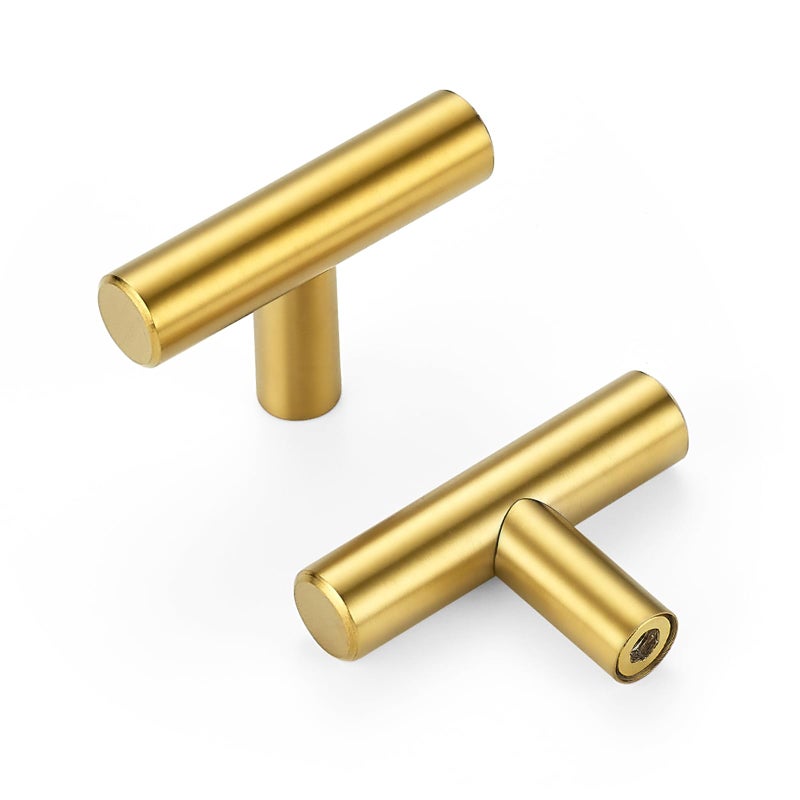 10 Pack Gold Cabinet Knobs 2 Inch Brushed Brass Drawer Knobs Single Hole Gold T Bar Hardware Drawer Pulls for Kitchen Cabinets and Dressers