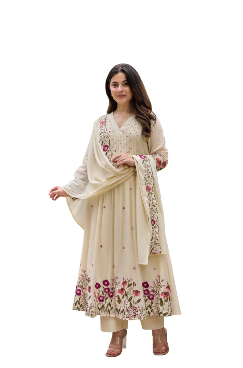 Shiv Textiles Women's Chanderi Silk Embroidered with Handwork Kurta Pant Dupatta Set(JD-SAHELI-Beige-M) - Image 1