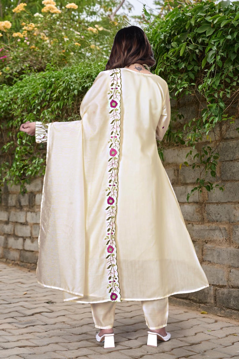 Shiv Textiles Women's Chanderi Silk Embroidered with Handwork Kurta Pant Dupatta Set(JD-SAHELI-Beige-M) - Image 4