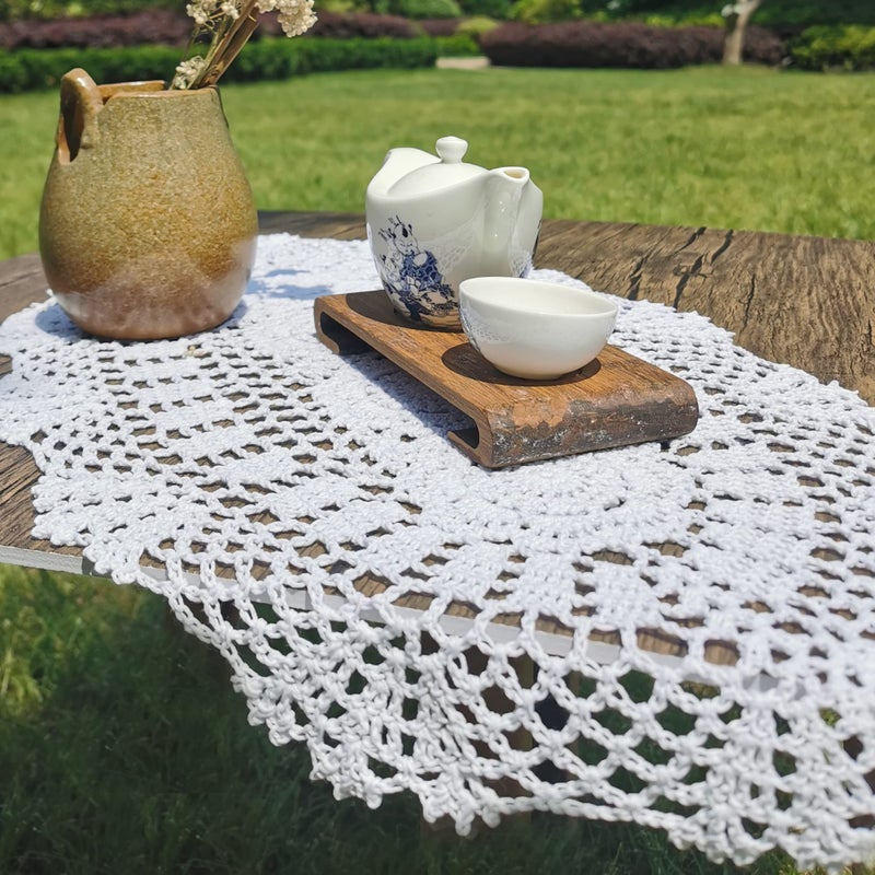 Phantomon Oval Lace Table Runner Doilies Floral Table Scarf Furniture Cloth Cover Handmade Crochet Placemats  100% Cotton (White Oval  12x24 Inch) - Image 2