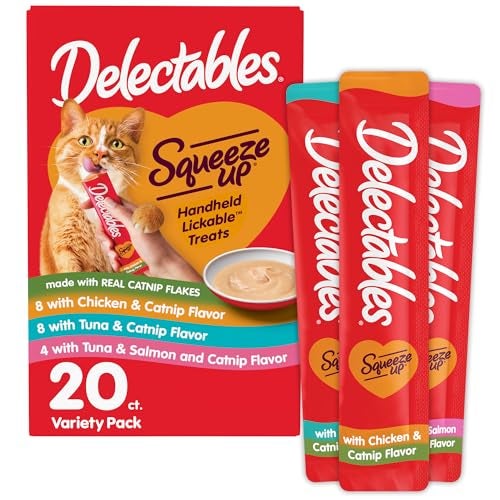 Hartz Delectables Squeeze Up Catnip Variety Pack, Creamy Squeezable Puree, Lickable Wet Cat Treats, Grain Free, No Added Fillers, No by-Products, No Added Preservatives, 0.5 Ounces Tube, 20 Tubes Total - Image 1