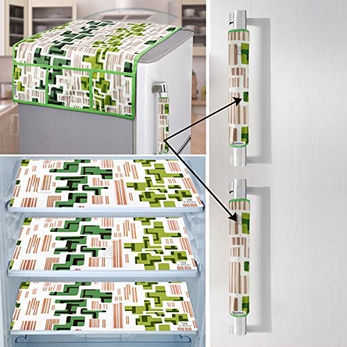 E-Retailer® Exclusive Combo Set of Appliances Cover (1 Pc. of Fridge Top Cover, 2 Pc. of Refrigerator Handle Cover and 3 Pc. Of Refrigerator Mat/Fridge Shelf Mat) (Color- Green, Design-Geometric, Set Contains- 6 Pcs.) - Image 1