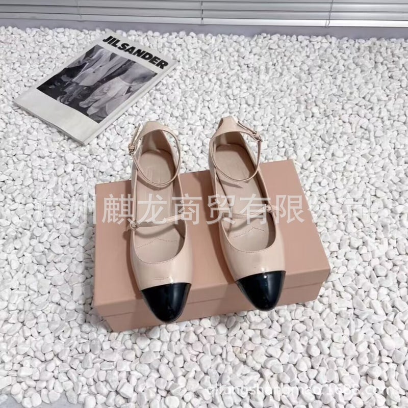 High-End Genuine Leather Round Toe Color Matching Flat Heel Buckle Mary Jane Shoes Ballet Shoes Small Leather Shoes - Image 1