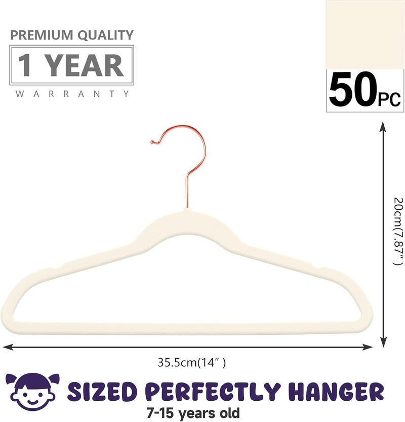 MIZGI Premium Kids Velvet Hangers (Pack of 50) 14" Wide with Copper Rose Gold Hooks, Space Saving, Nonslip Huggable Closet Hangers for Petite Junior Children's Skirt Dress Pants, Clothes Hangers - Image 2