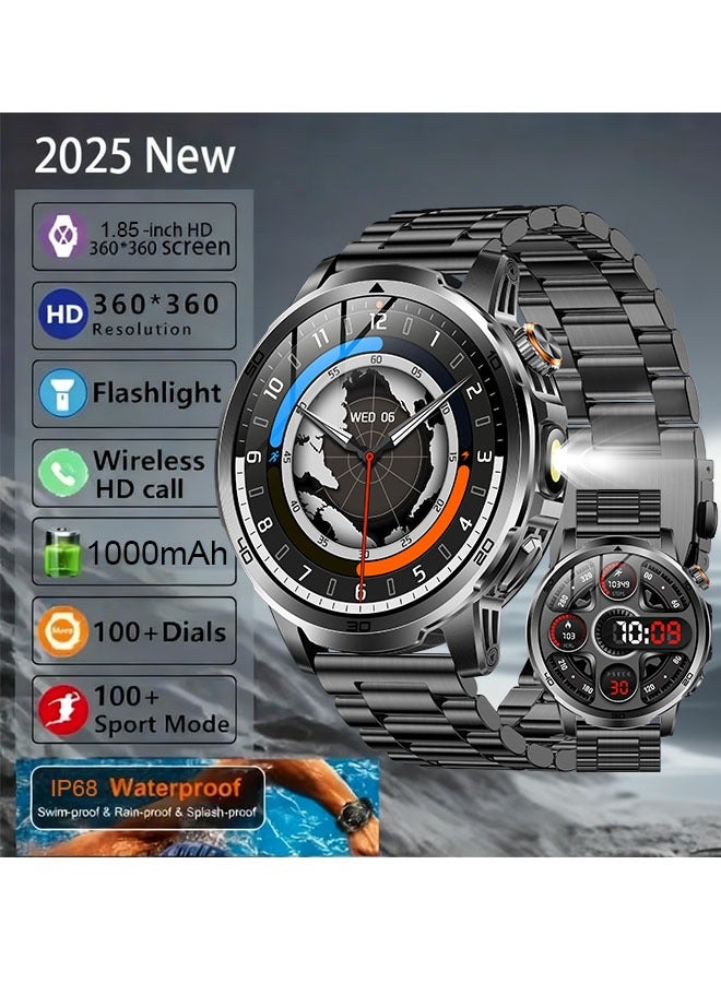 RollsTimi  Men's Bluetooth Smart Watch, 1.85-Inch HD High-Definition Touch Screen, 360*360 High Resolution, LED Flashlight, IP68 Daily Waterproof, 1000mAh Long Battery Life Battery, Sports And Sleep Monitoring, Multiple Sports Modes, DIY Personalized Dial, Bluetooth Call Receiving/Making, Magnetic Charging, Sedentary Reminder, Message Notification, Smart Bluetooth Wearable Watch, RT AK95 - Image 1