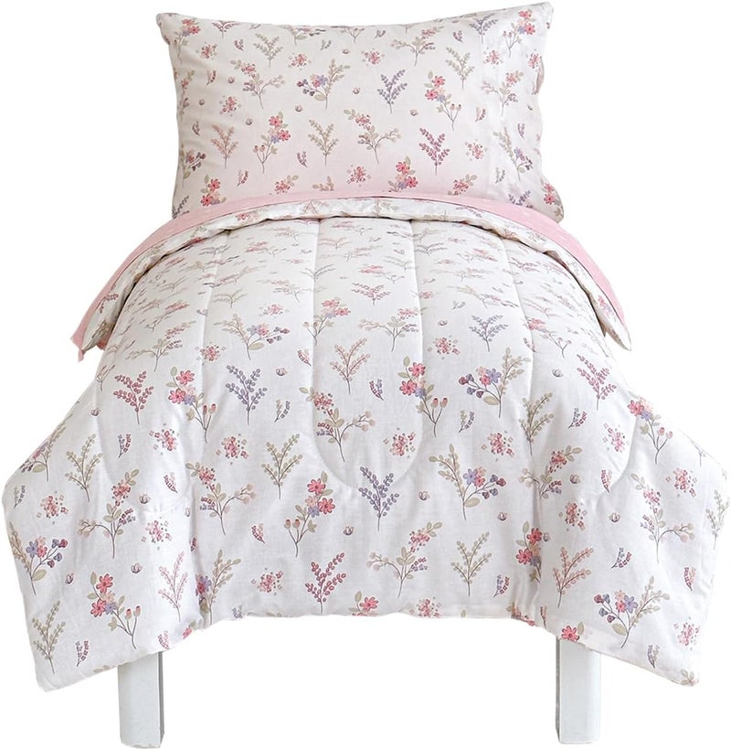 Joyreap 4 Piece Cotton Toddler Bedding Set for Girls Flowers n Leaves Pink Design Soft Breathable Cotton Toddler Comforter Set Includes Quilted Comforter Fitted Sheet Top Sheet and Pillow Case - Image 1