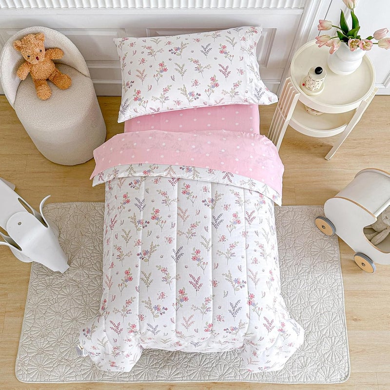 Joyreap 4 Piece Cotton Toddler Bedding Set for Girls Flowers n Leaves Pink Design Soft Breathable Cotton Toddler Comforter Set Includes Quilted Comforter Fitted Sheet Top Sheet and Pillow Case - Image 2