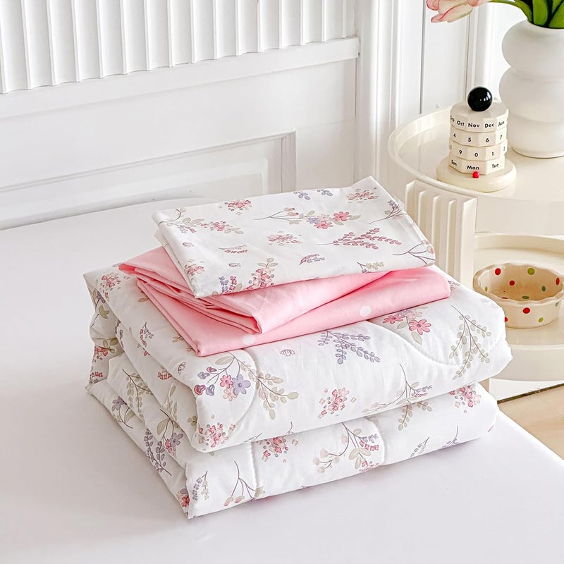 Joyreap 4 Piece Cotton Toddler Bedding Set for Girls Flowers n Leaves Pink Design Soft Breathable Cotton Toddler Comforter Set Includes Quilted Comforter Fitted Sheet Top Sheet and Pillow Case - Image 5