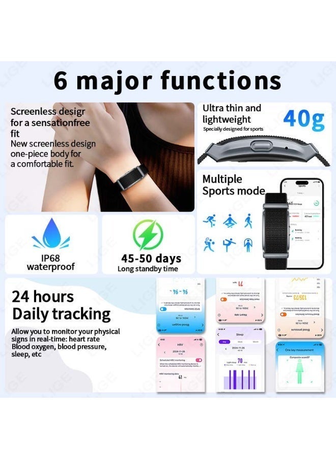 لييج سوار ذكي أنيق ومتين للرجال، جهاز تتبع اللياقة البدنية بدون شاشة، تتبع الصحة على مدار 24 ساعة، خفيف الوزن وقابل للحمل، مقاوم للماء IP68، يأتي مع حزامين قابلين للتبديل باللون الأسود، مناسب للاستخدام في الهواء الطلق. - Image 3