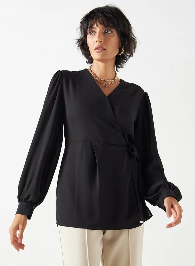 ايكونيك بلوزة ملفوفة سادة بأكمام طويلة وأربطة من آيكونيك