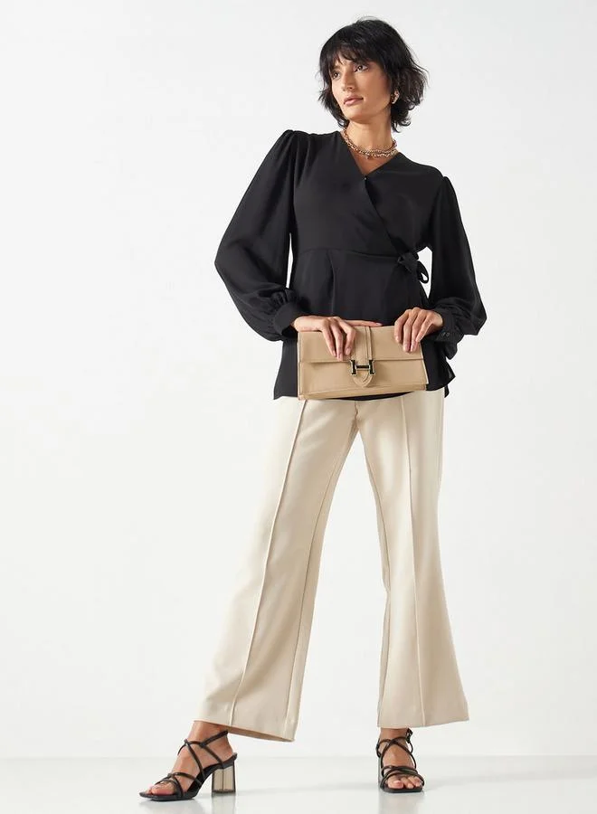 ايكونيك بلوزة ملفوفة سادة بأكمام طويلة وأربطة من آيكونيك