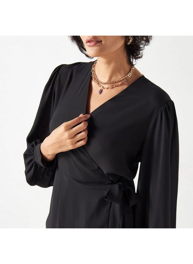 Iconic Iconic Solid Wrap Top with Long Sleeves and Tie-Ups  - Image 4