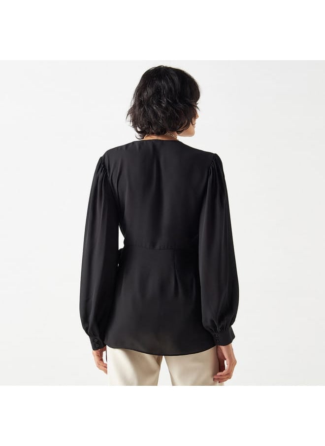 Iconic Iconic Solid Wrap Top with Long Sleeves and Tie-Ups  - Image 3