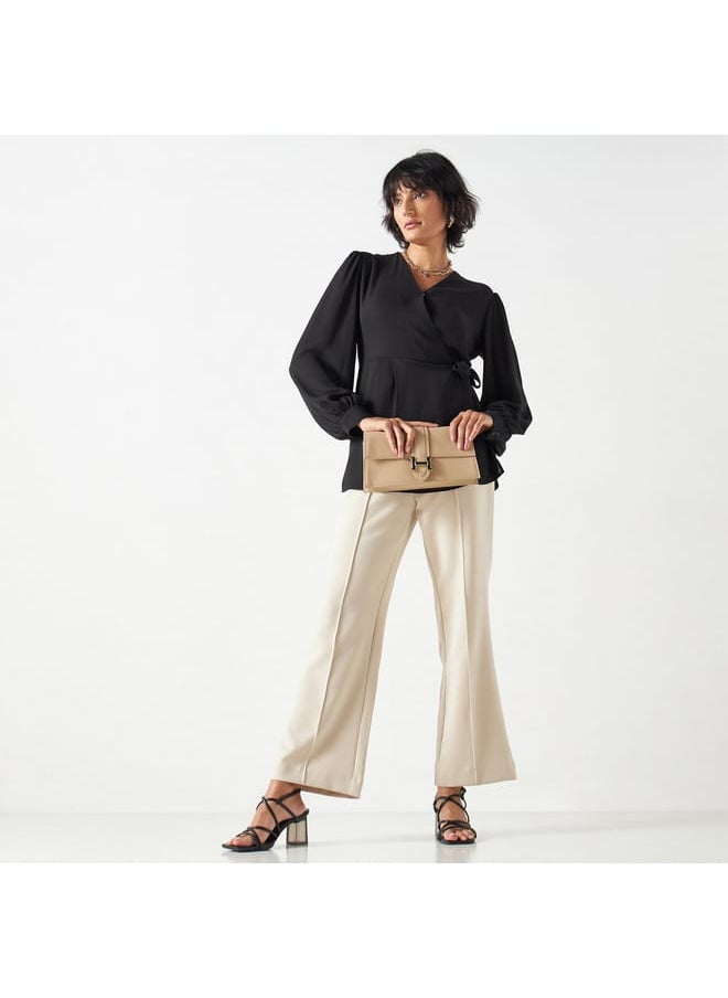 Iconic Iconic Solid Wrap Top with Long Sleeves and Tie-Ups  - Image 2