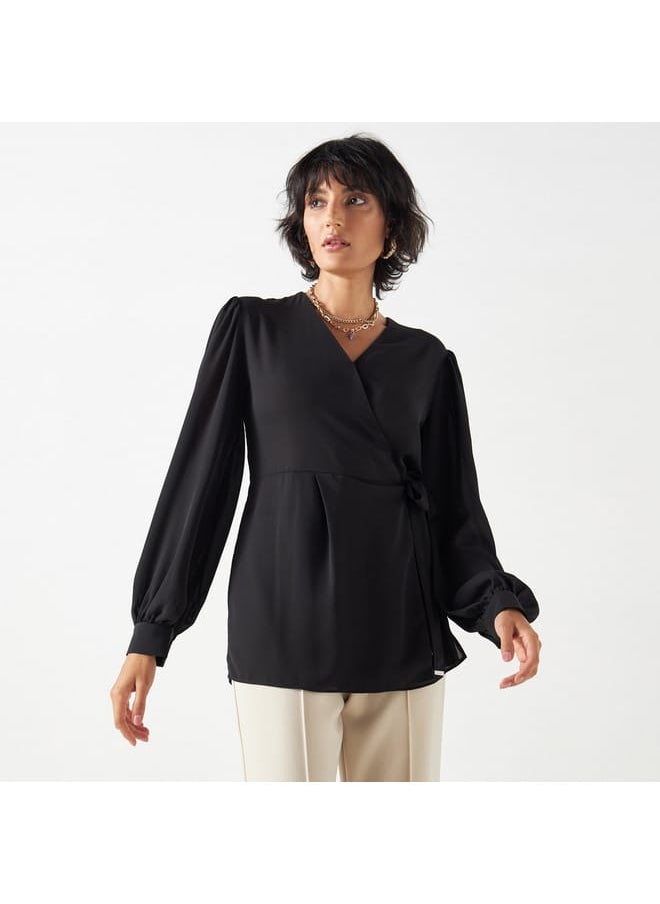 Iconic Iconic Solid Wrap Top with Long Sleeves and Tie-Ups  - Image 1