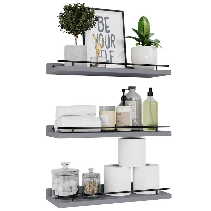 WOPITUES Floating Shelves with Black Metal Guardrail, Shelves for Wall Decor Set of 3, Wall Shelves for Bedroom, Bathroom, Kitchen, Living Room, Plants, Picture Frames, Art- Grey - Image 1