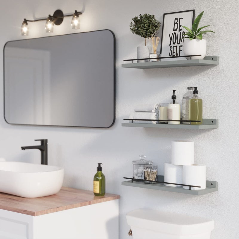 WOPITUES Floating Shelves with Black Metal Guardrail, Shelves for Wall Decor Set of 3, Wall Shelves for Bedroom, Bathroom, Kitchen, Living Room, Plants, Picture Frames, Art- Grey - Image 3