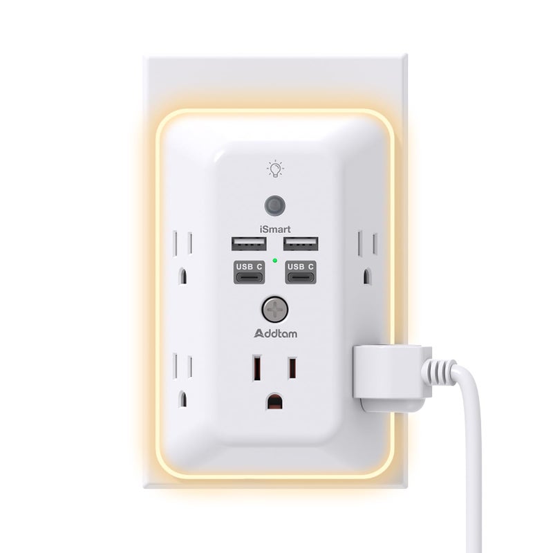 Addtam Surge Protector, Outlet Extender with Night Light, Addtam 5-Outlet Splitter and 4 USB Ports(2 USB C), USB Wall Charger Power Strip, Multi Plug Outlet for Home, Office, School, ETL Listed - Image 1
