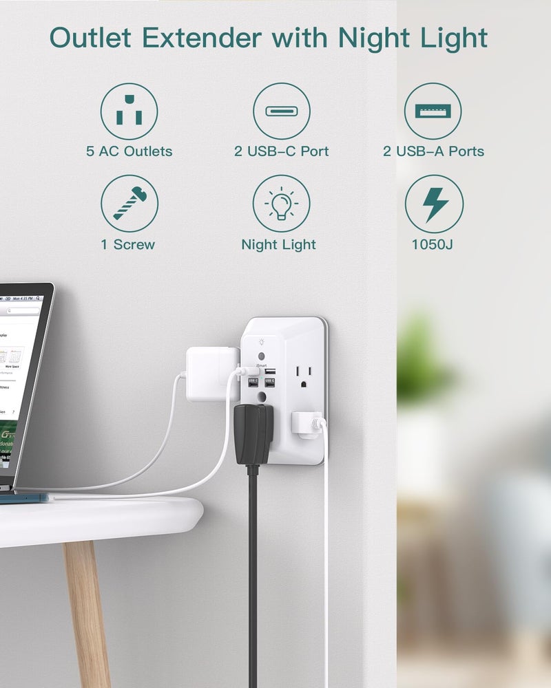 Addtam Surge Protector, Outlet Extender with Night Light, Addtam 5-Outlet Splitter and 4 USB Ports(2 USB C), USB Wall Charger Power Strip, Multi Plug Outlet for Home, Office, School, ETL Listed - Image 2