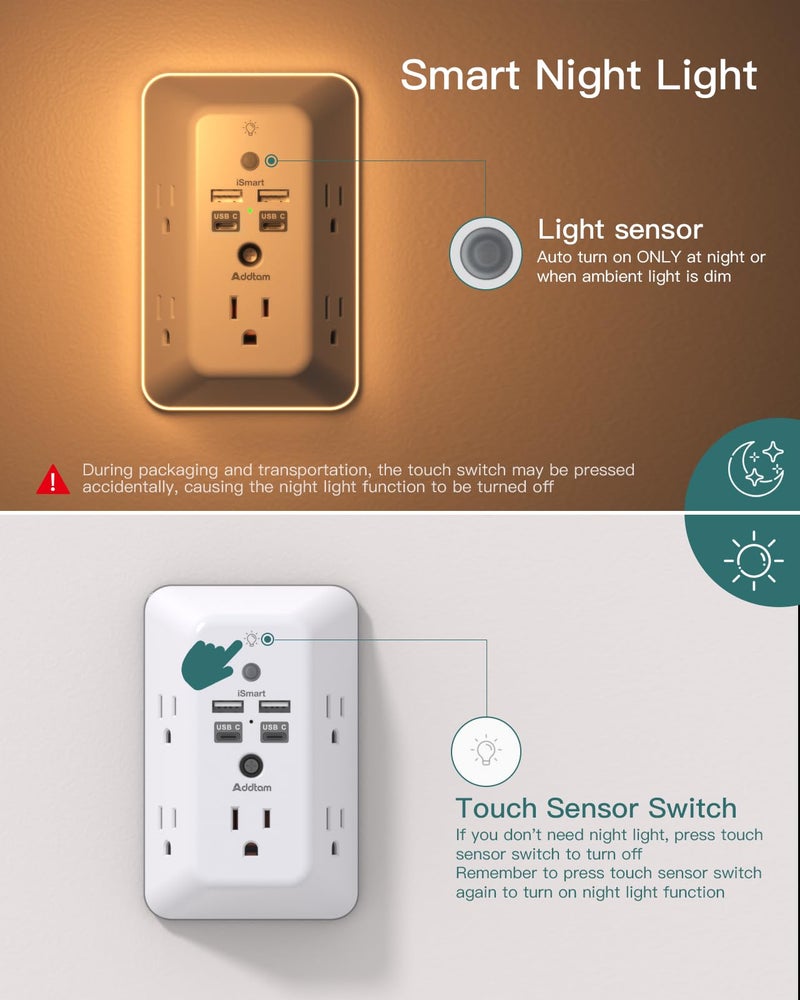 Addtam Surge Protector, Outlet Extender with Night Light, Addtam 5-Outlet Splitter and 4 USB Ports(2 USB C), USB Wall Charger Power Strip, Multi Plug Outlet for Home, Office, School, ETL Listed - Image 3