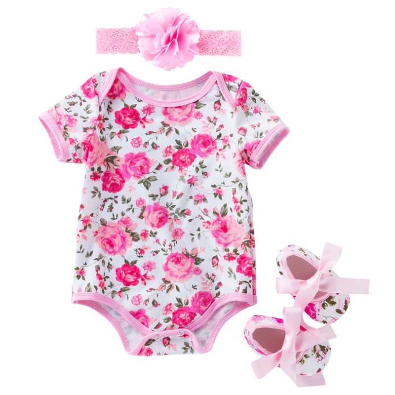 Factory direct baby onesie summer dress short-sleeved romper shoes suit women's romper leopard print children's clothing wholesale Leopard print set of 3 59(0-3 months) - Image 5