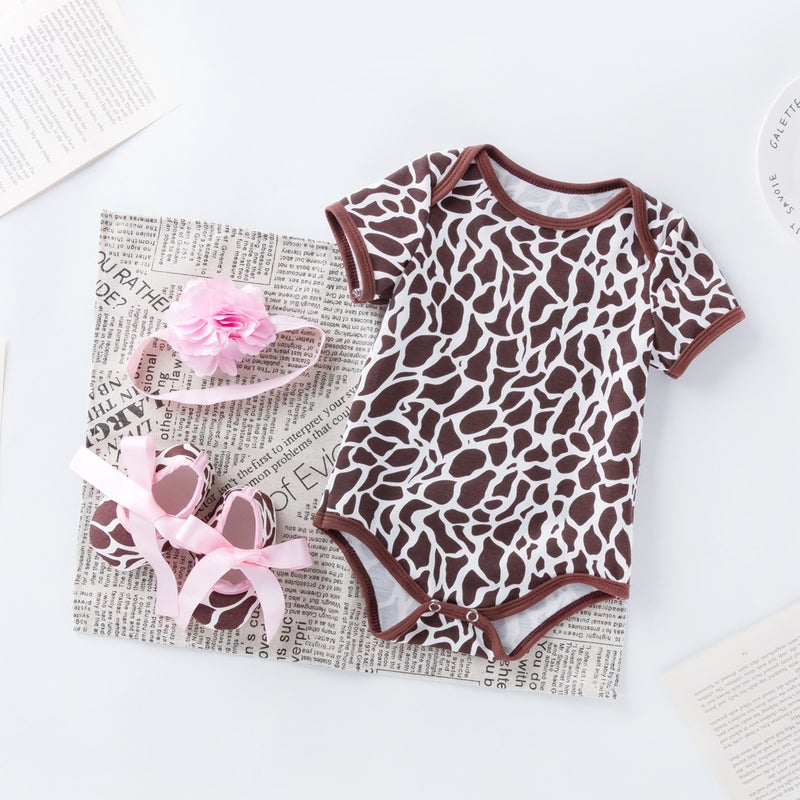 Factory direct baby onesie summer dress short-sleeved romper shoes suit women's romper leopard print children's clothing wholesale Leopard print set of 3 59(0-3 months) - Image 4