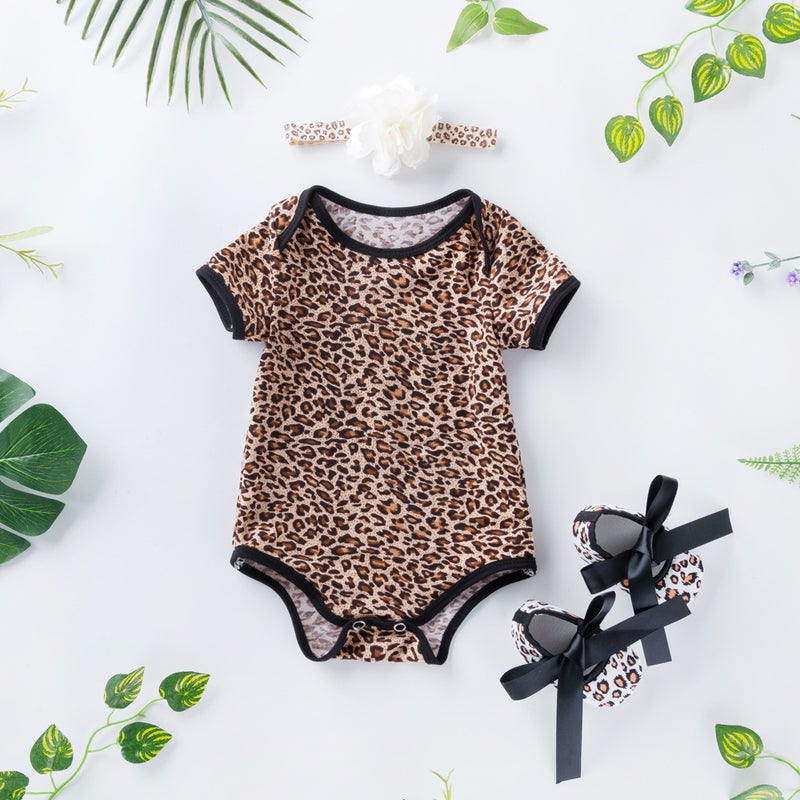 Factory direct baby onesie summer dress short-sleeved romper shoes suit women's romper leopard print children's clothing wholesale Leopard print set of 3 59(0-3 months) - Image 3