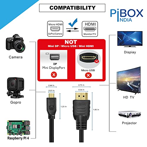 PiBOX India, Micro HDMI Cable to HDMI Cable, 4K 60Hz, 1.5 Meter 5 feet, Adapter Ethernet Audio Return for Raspberry Pi 4 pi 5 RPI, GoPro Hero 7, Sony Camera (NOT MINI DP/NOT Micro USB) - Image 2