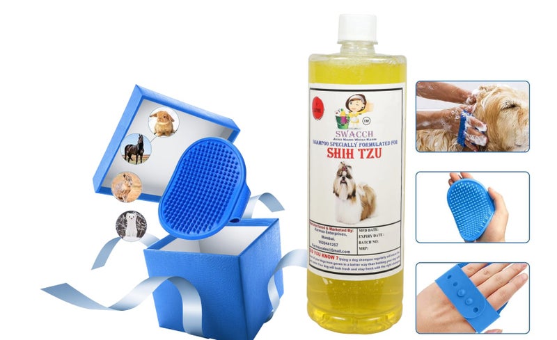 swacch Shampoo | Puppy Safe Shampoo | PH Balanced | Shih Tzu Dog Shampoo 1 Litre Lemon + | Rubber Bath Brush with Adjustable Straps | Pet Massage | Soothing Bristles Hand Brush I Combo Pack - Image 2