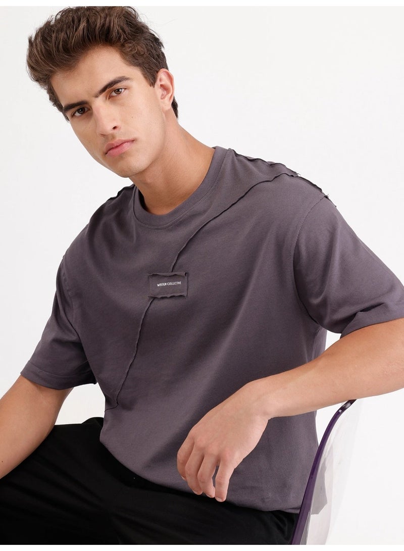 Wrogn Solid Oversized Cut & Sew T-Shirt | Dark Grey - Image 4