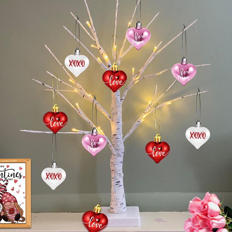 YIRHYZC Valentine's Lighted Birch Tree Centerpiece - 24 Inch with 12 Heart Ornaments for Office, Home, Mantel & Desk Decor - Image 1