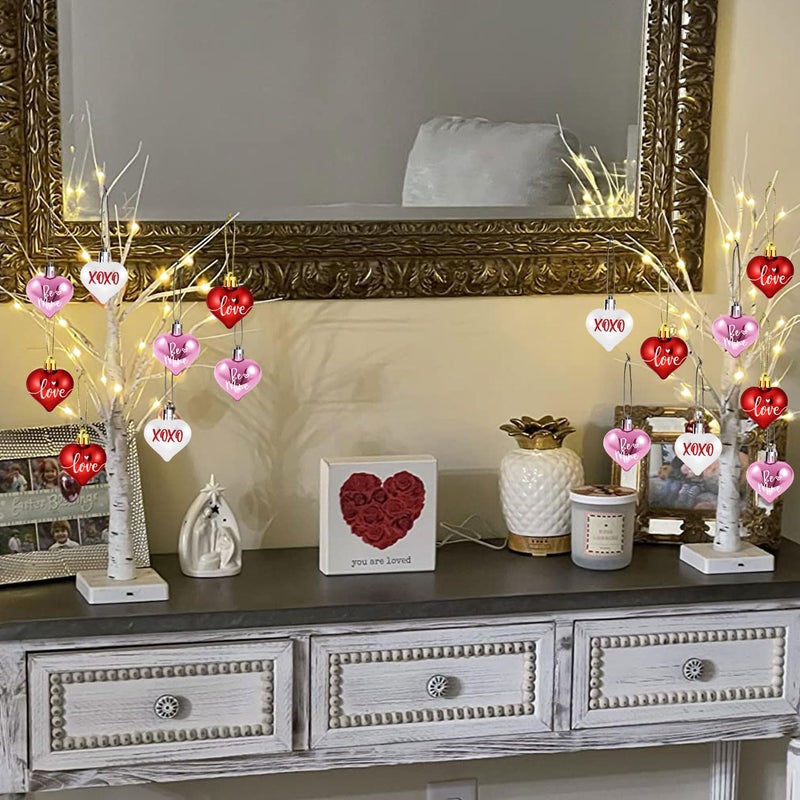 YIRHYZC Valentine's Lighted Birch Tree Centerpiece - 24 Inch with 12 Heart Ornaments for Office, Home, Mantel & Desk Decor - Image 4
